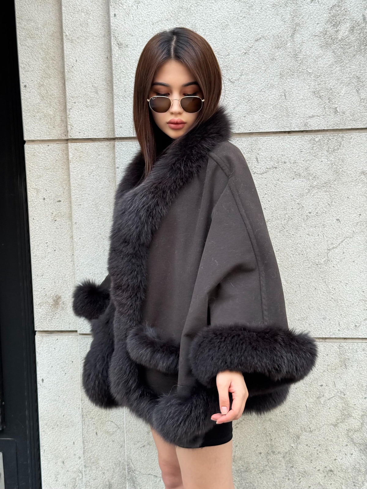 Black Cashmere Cape , Front Pocket - Fox Fur Jacket, Handmade Wool Shawl,