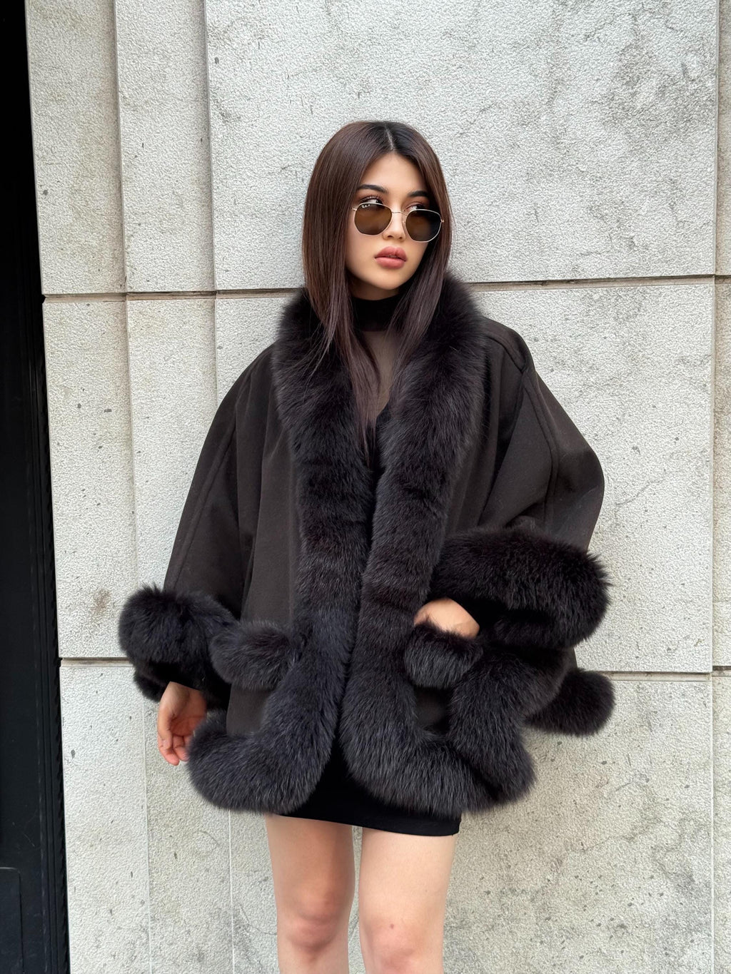 Black Cashmere Cape , Front Pocket - Fox Fur Jacket, Handmade Wool Shawl,