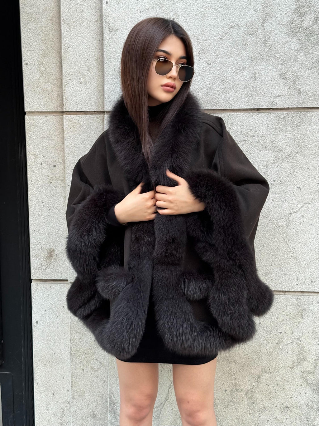 Black Cashmere Cape , Front Pocket - Fox Fur Jacket, Handmade Wool Shawl,