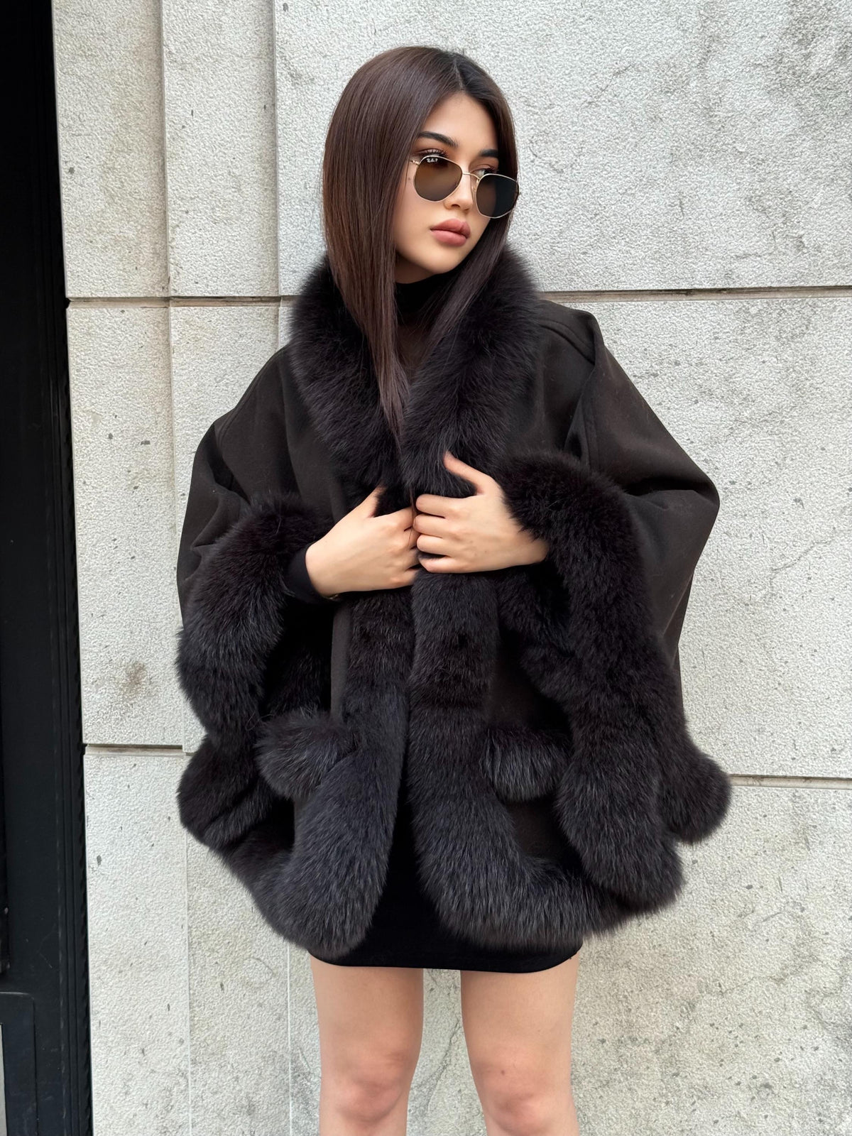 Black Cashmere Cape , Front Pocket - Fox Fur Jacket, Handmade Wool Shawl,