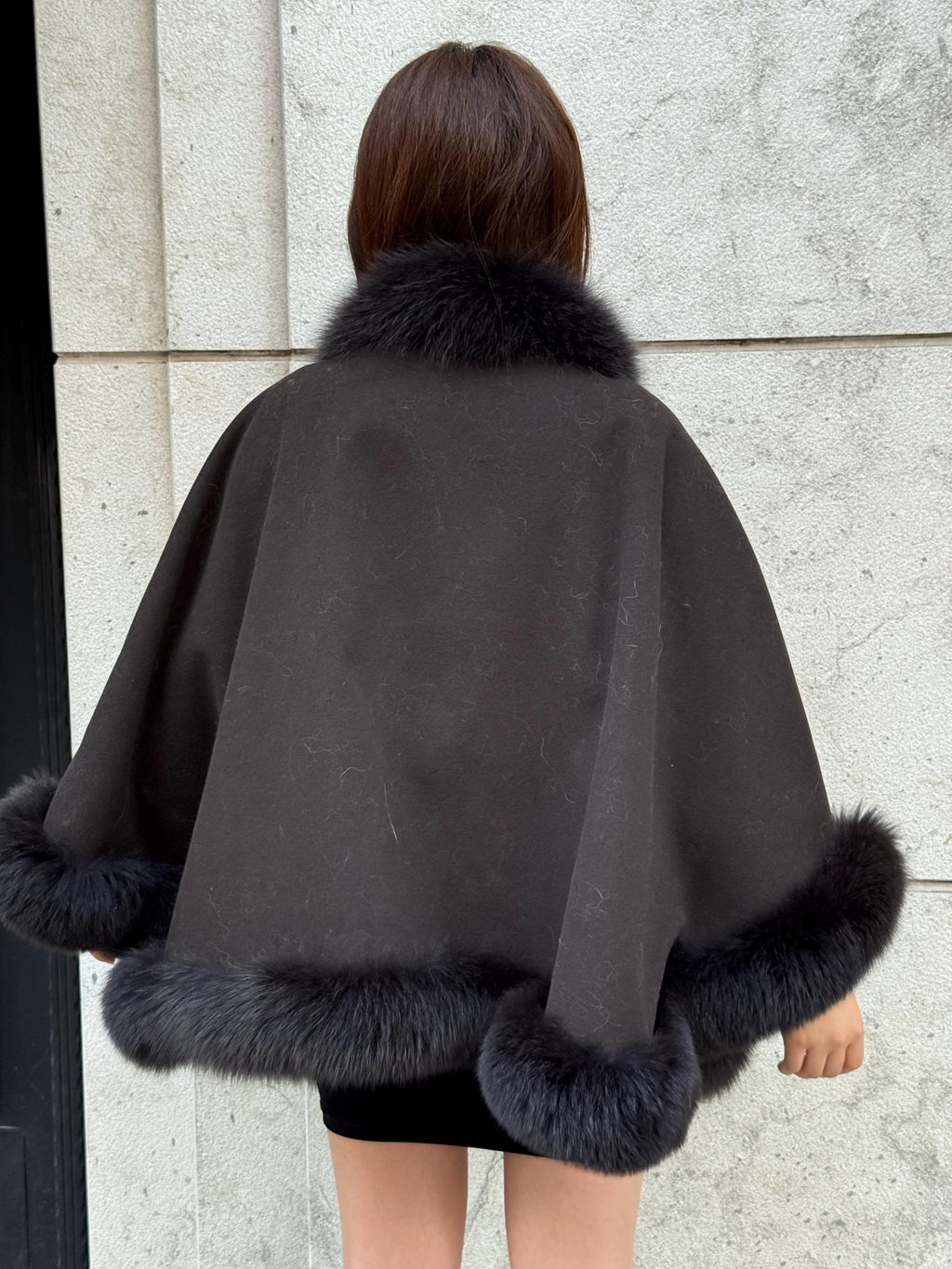 Black Cashmere Cape , Front Pocket - Fox Fur Jacket, Handmade Wool Shawl,