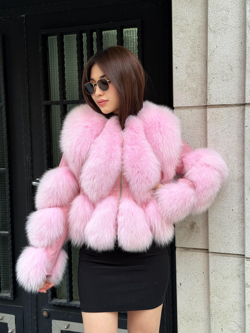 Pink Fox Fur Jacket, Women’s Handmade Short Leather Fur Trim Coat