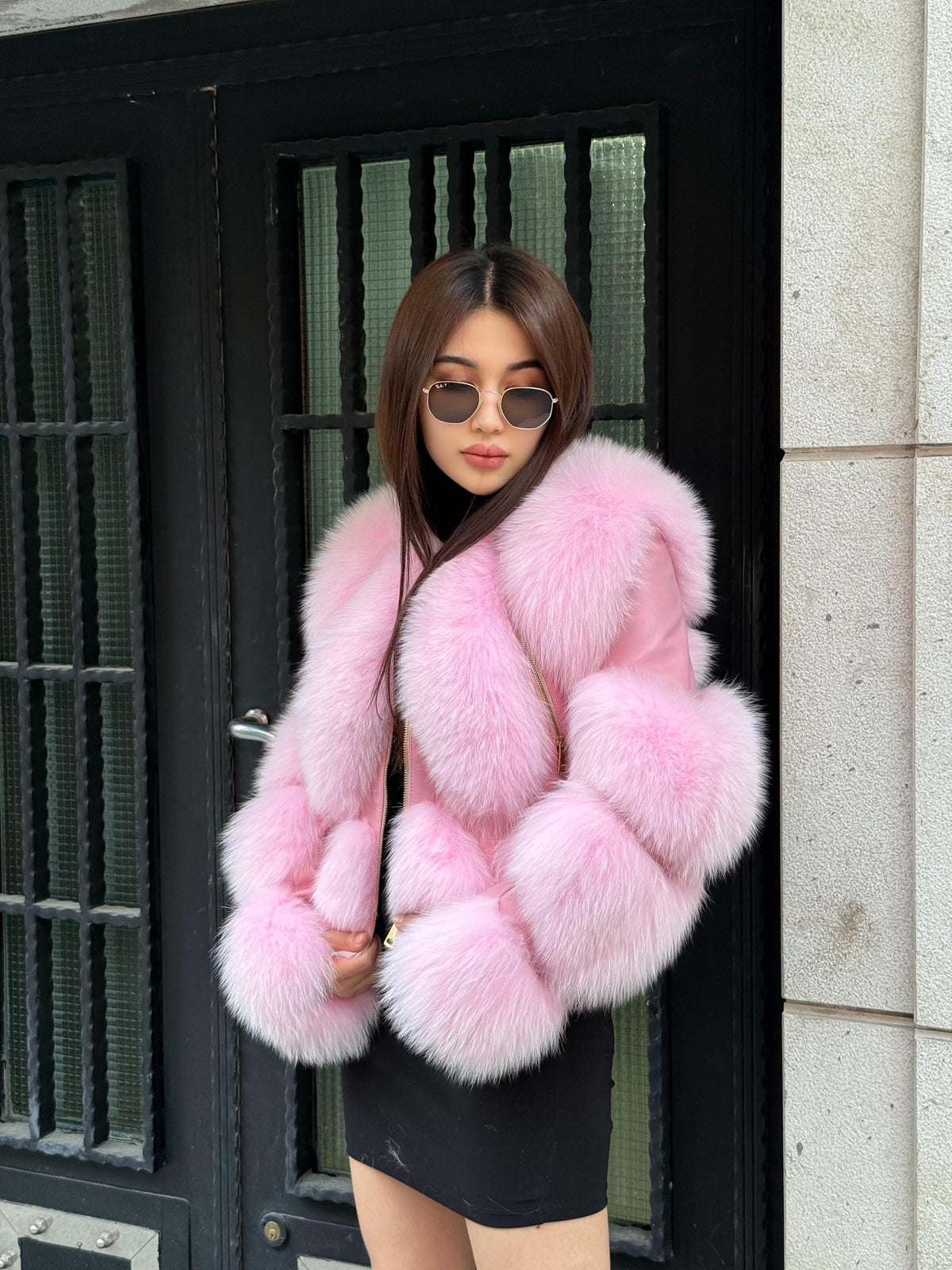 Pink Fox Fur Jacket, Women’s Handmade Short Leather Fur Trim Coat