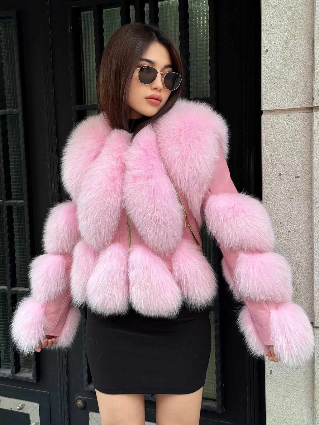 Pink Fox Fur Jacket, Women’s Handmade Short Leather Fur Trim Coat