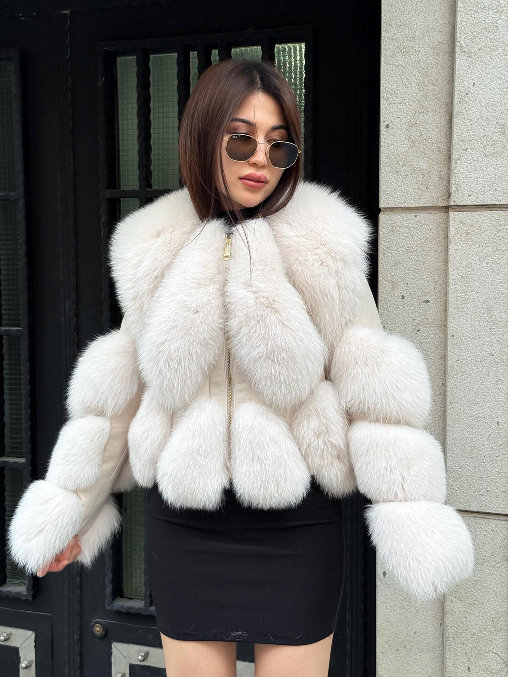 Beige Fox Fur Jacket with Leather | Women’s Luxury Handmade Fur Coat