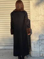 Black Long Zibellino Alpaca Coat, Womens Handmade Collar cuffs Mink Fur Virgin Wool Jacket