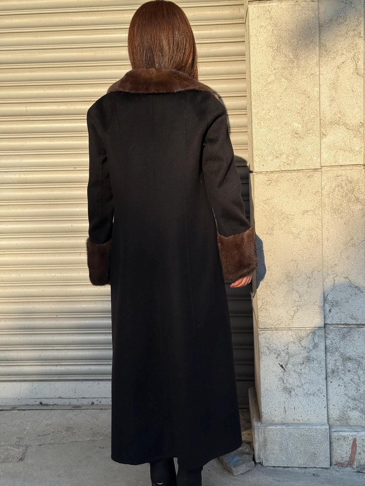 Black Long Zibellino Alpaca Coat, Womens Handmade Collar cuffs Mink Fur Virgin Wool Jacket