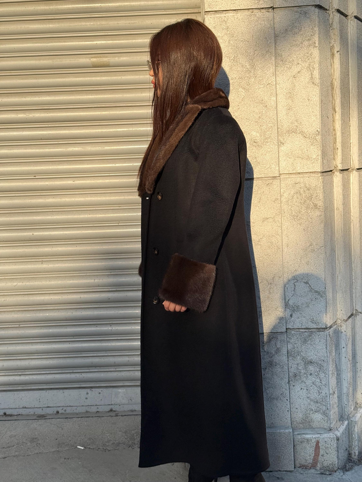 Black Long Zibellino Alpaca Coat, Womens Handmade Collar cuffs Mink Fur Virgin Wool Jacket
