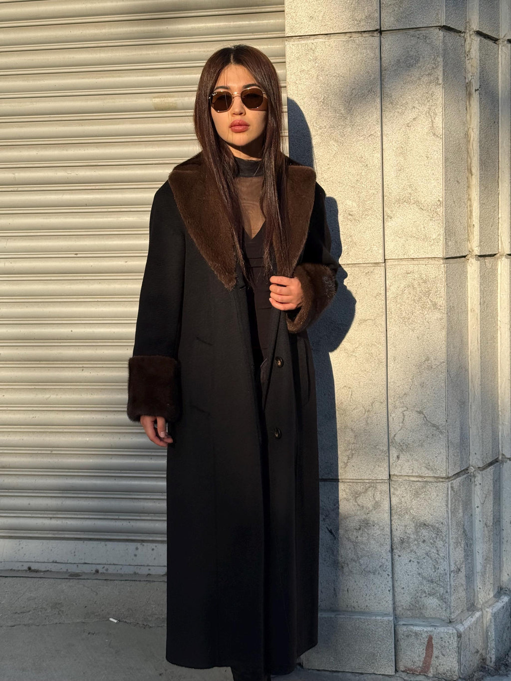 Black Long Zibellino Alpaca Coat, Womens Handmade Collar cuffs Mink Fur Virgin Wool Jacket