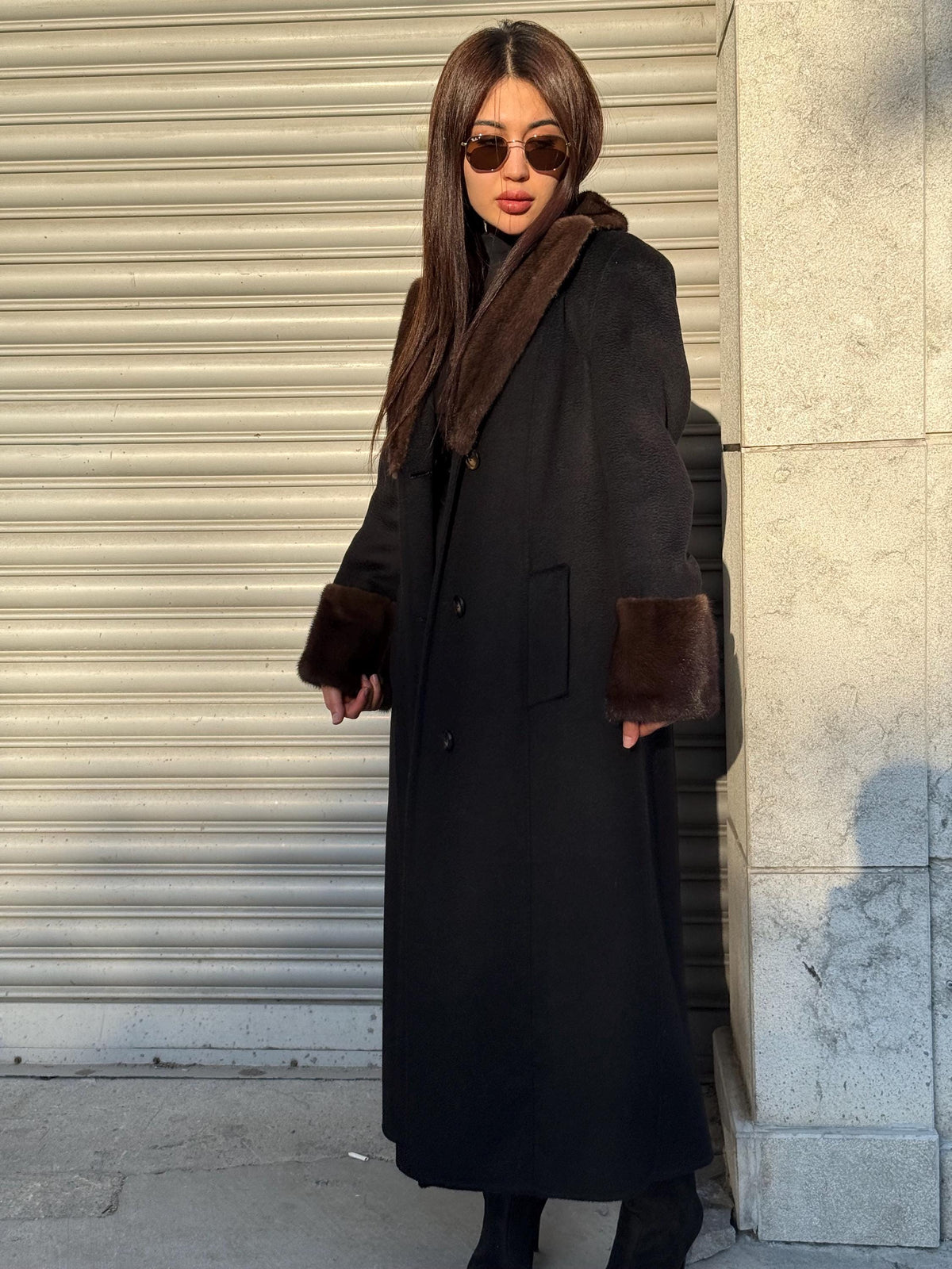 Black Long Zibellino Alpaca Coat, Womens Handmade Collar cuffs Mink Fur Virgin Wool Jacket