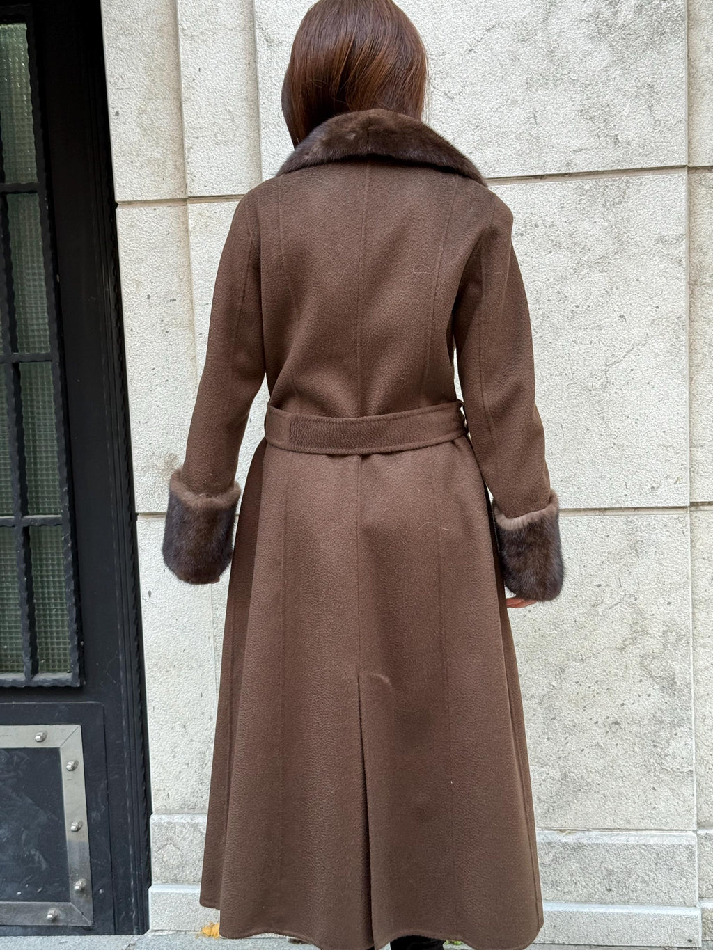 Luxury Brown Long Zibellino Alpaca Coat, Women’s Collar & Cuffs Mink Fur Trim Virgin Wool Jacket