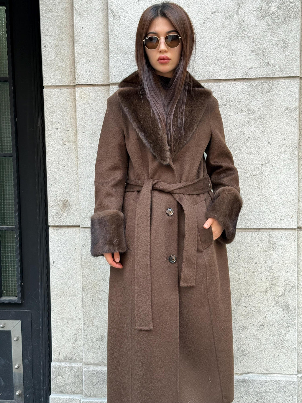 Luxury Brown Long Zibellino Alpaca Coat, Women’s Collar & Cuffs Mink Fur Trim Virgin Wool Jacket