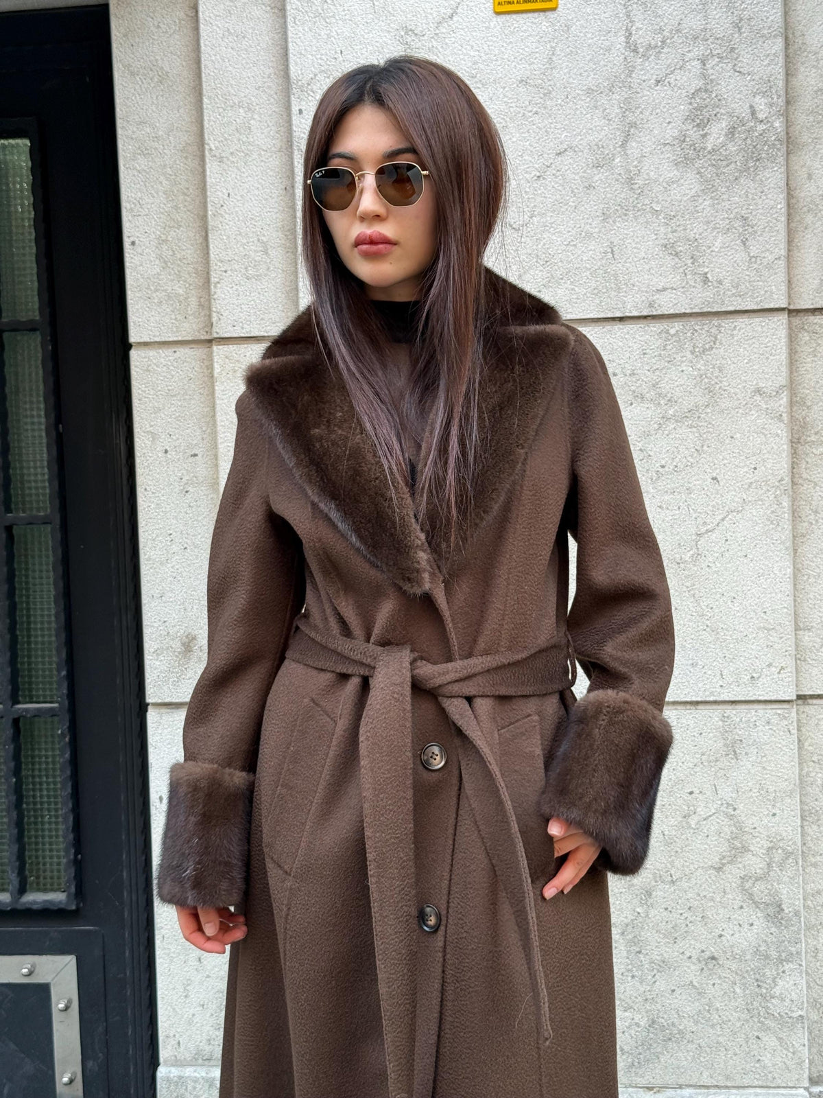 Luxury Brown Long Zibellino Alpaca Coat, Women’s Collar & Cuffs Mink Fur Trim Virgin Wool Jacket