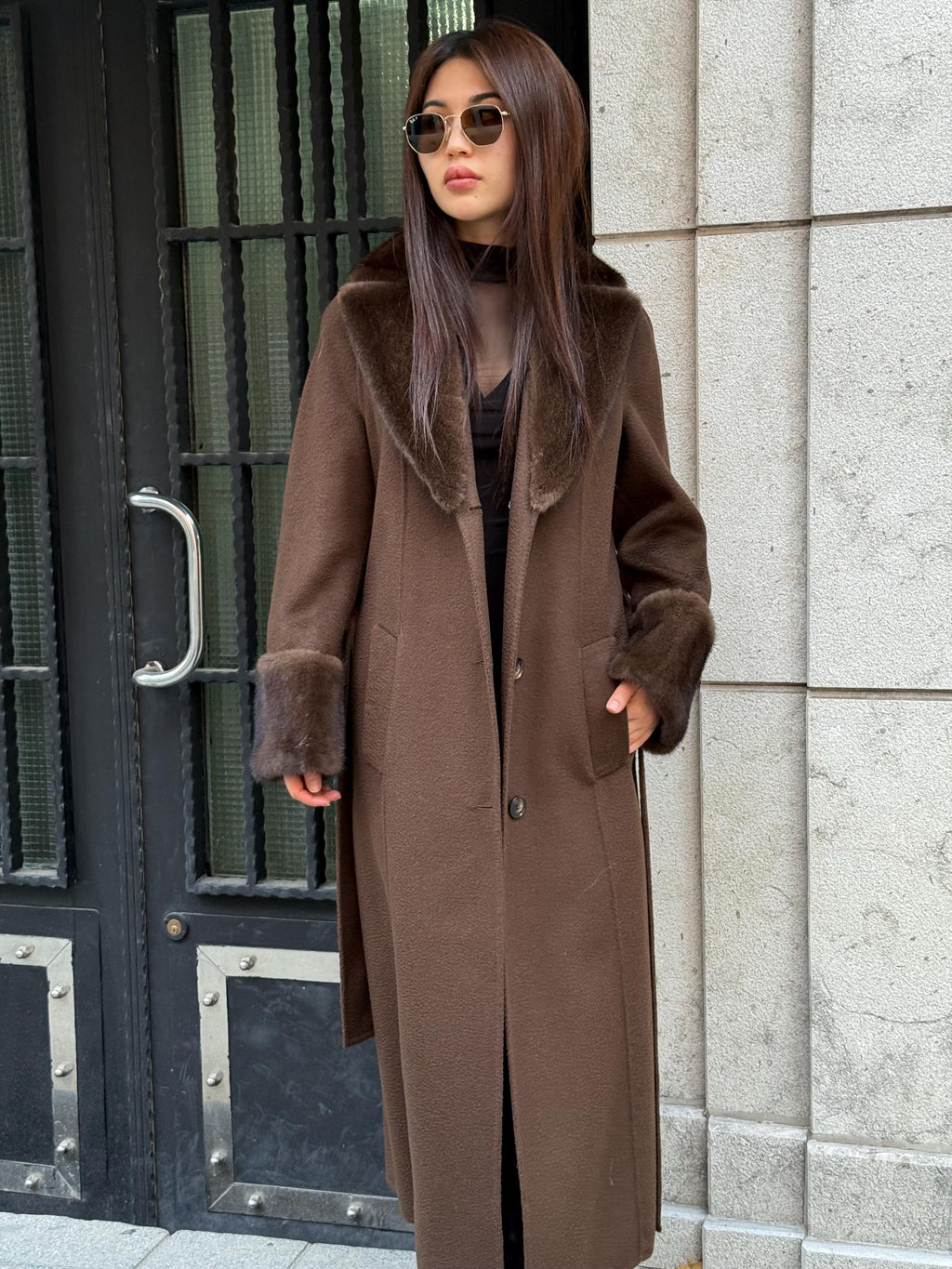Luxury Brown Long Zibellino Alpaca Coat, Women’s Collar & Cuffs Mink Fur Trim Virgin Wool Jacket