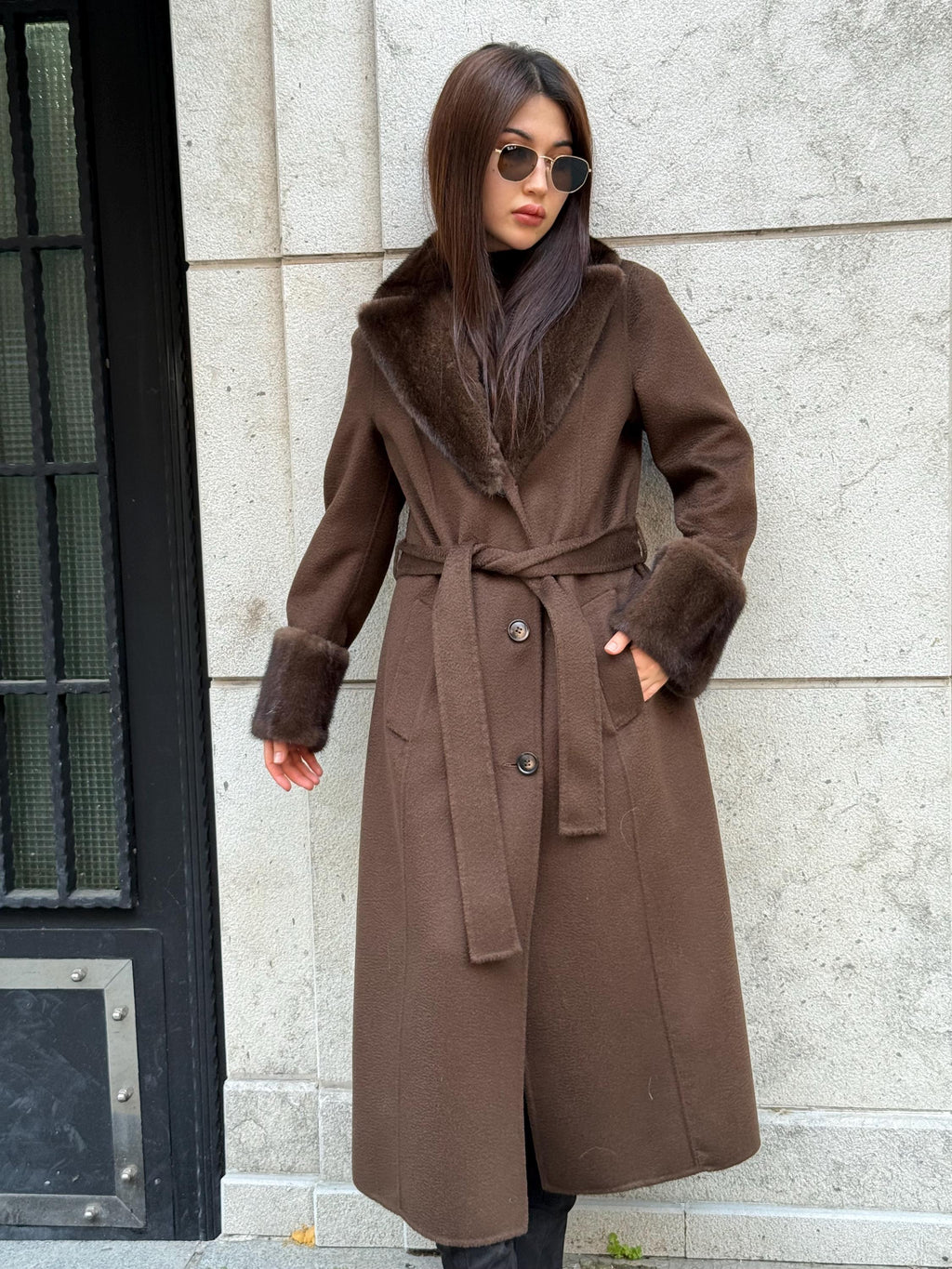 Luxury Brown Long Zibellino Alpaca Coat, Women’s Collar & Cuffs Mink Fur Trim Virgin Wool Jacket