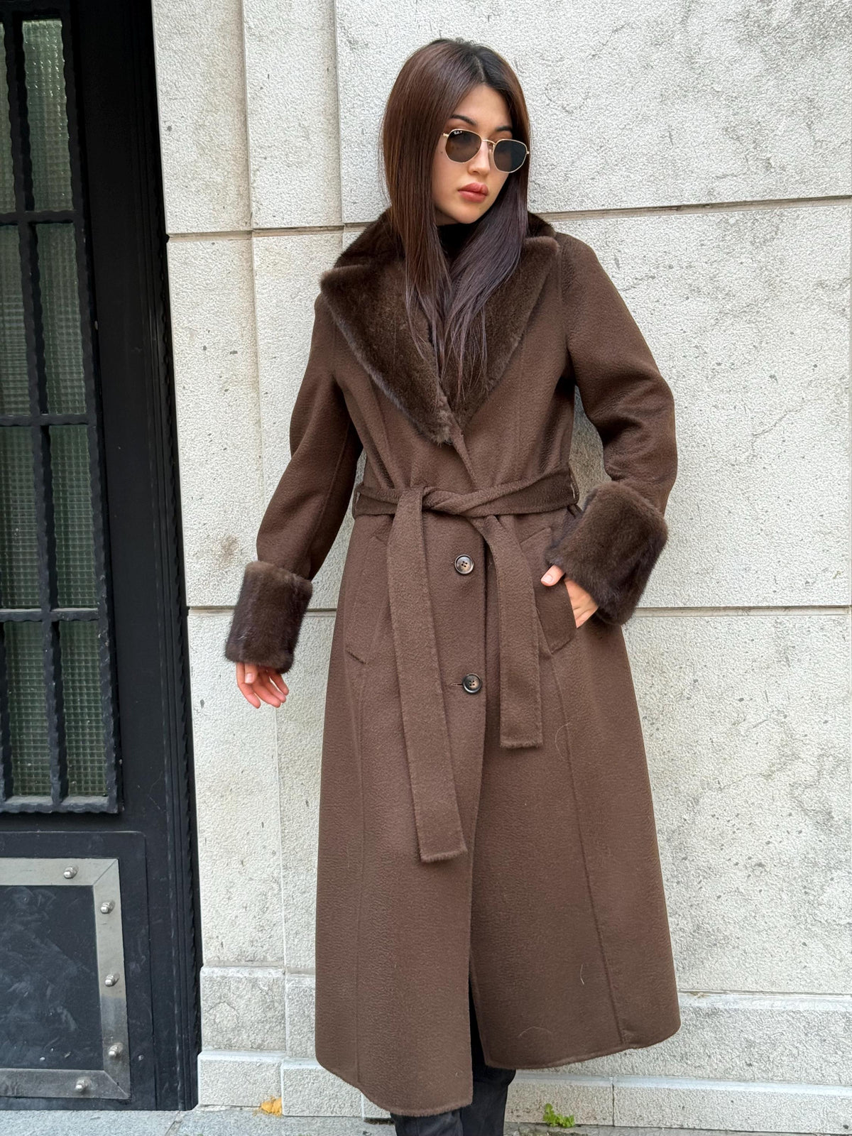Luxury Brown Long Zibellino Alpaca Coat, Women’s Collar & Cuffs Mink Fur Trim Virgin Wool Jacket