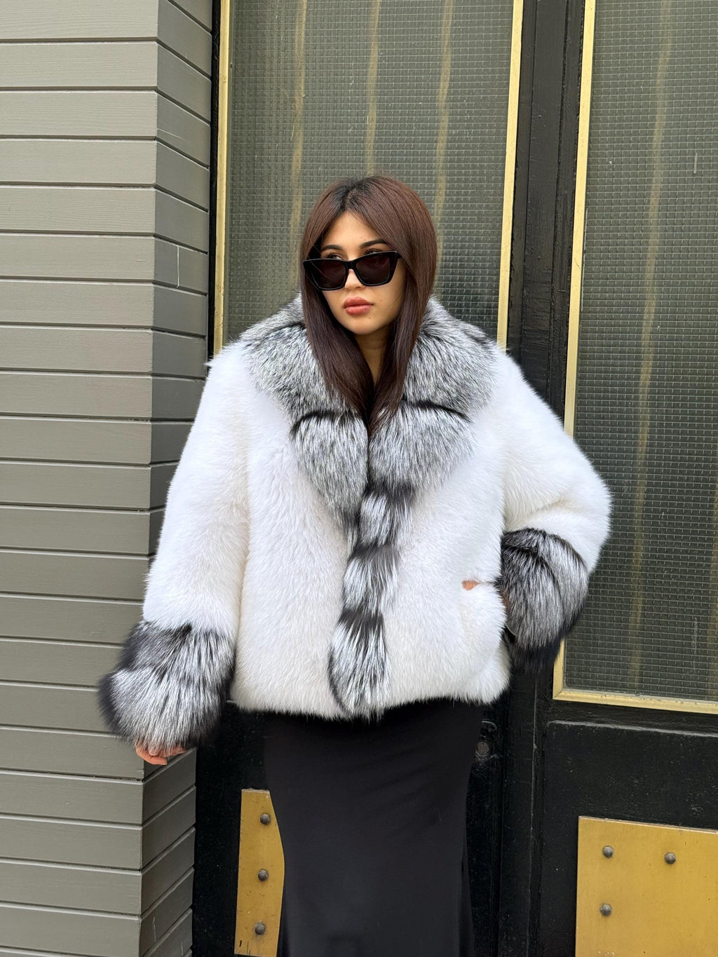 Luxury Shadow White Fox Fur Jacket | Handmade Women Arctic Fur Short Coat
