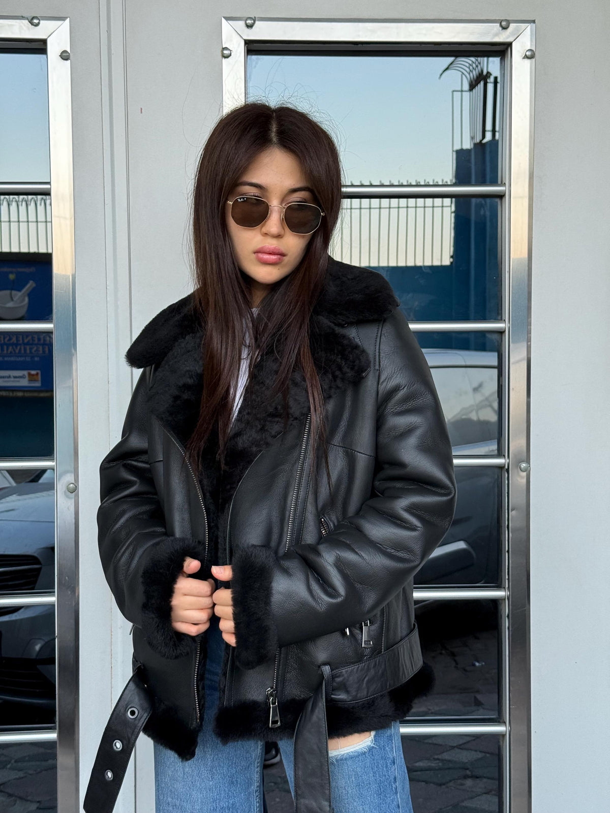 Women’s Black Shearling Coat, Handmade Short Aviator Lamb Fur Jacket