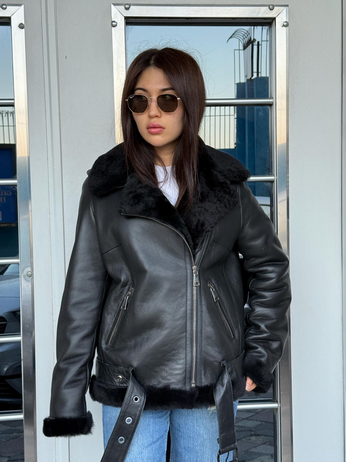 Women’s Black Shearling Coat, Handmade Short Aviator Lamb Fur Jacket