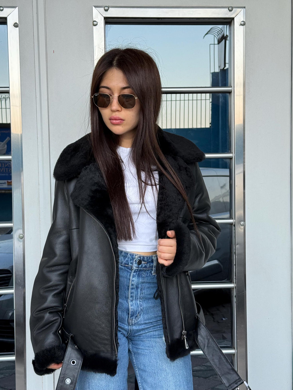 Women’s Black Shearling Coat, Handmade Short Aviator Lamb Fur Jacket