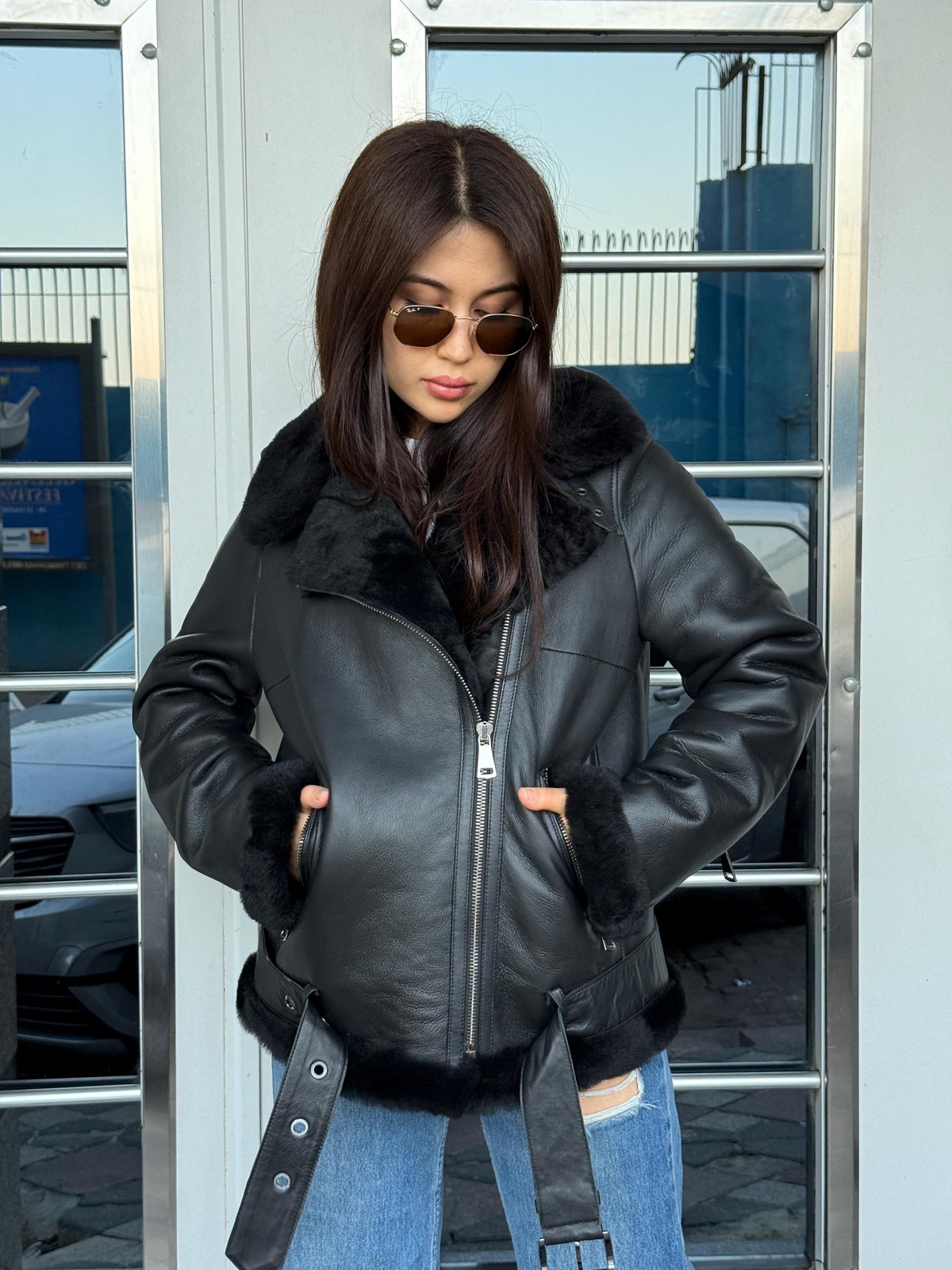 Women’s Black Shearling Coat, Handmade Short Aviator Lamb Fur Jacket