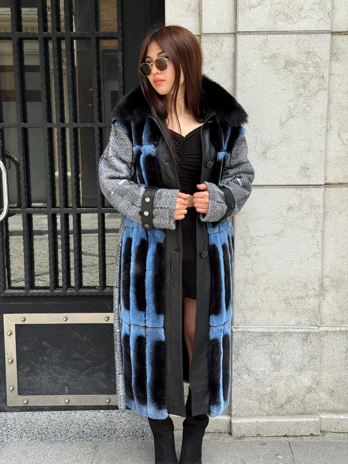 Luxury Handmade Rex Fur Patchwork Coat with Fox Fur Collar | Blue Black Women Long Winter Coat Handmade Wool Leather Details | Gift For Her