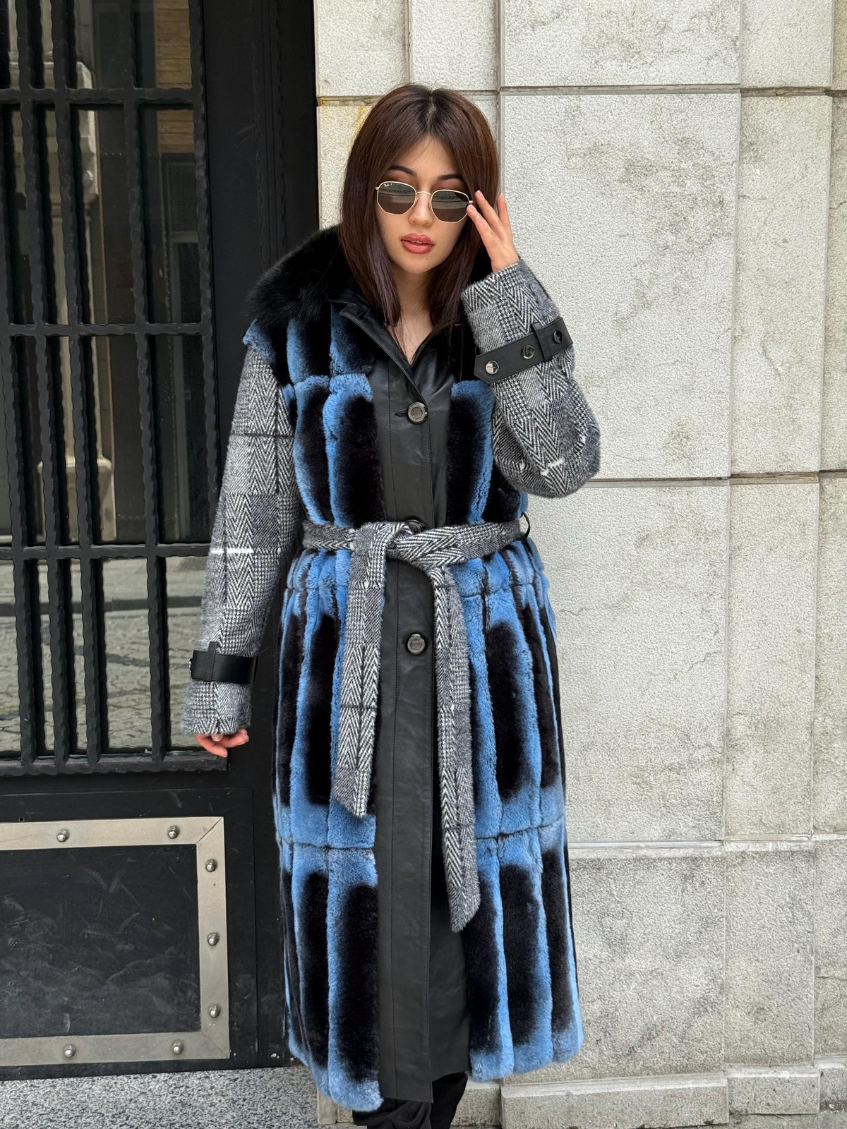 Luxury Handmade Rex Fur Patchwork Coat with Fox Fur Collar | Blue Black Women Long Winter Coat Handmade Wool Leather Details | Gift For Her