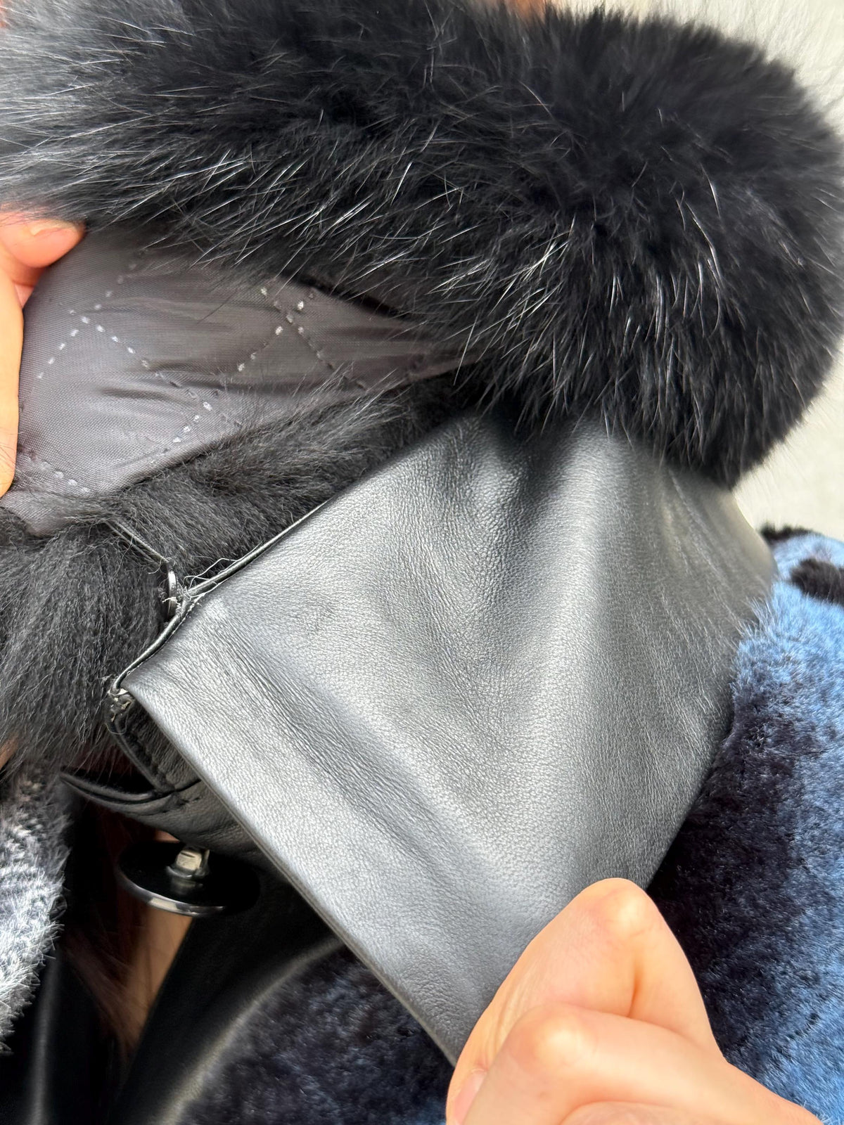 Luxury Handmade Rex Fur Patchwork Coat with Fox Fur Collar | Blue Black Women Long Winter Coat Handmade Wool Leather Details | Gift For Her