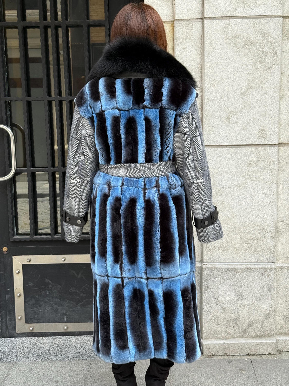 Luxury Handmade Rex Fur Patchwork Coat with Fox Fur Collar | Blue Black Women Long Winter Coat Handmade Wool Leather Details | Gift For Her