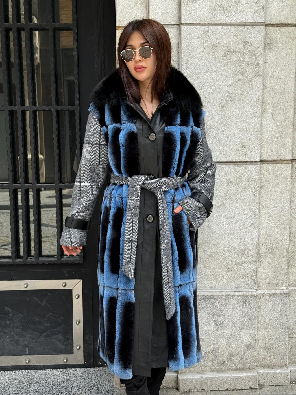 Luxury Handmade Rex Fur Patchwork Coat with Fox Fur Collar | Blue Black Women Long Winter Coat Handmade Wool Leather Details | Gift For Her