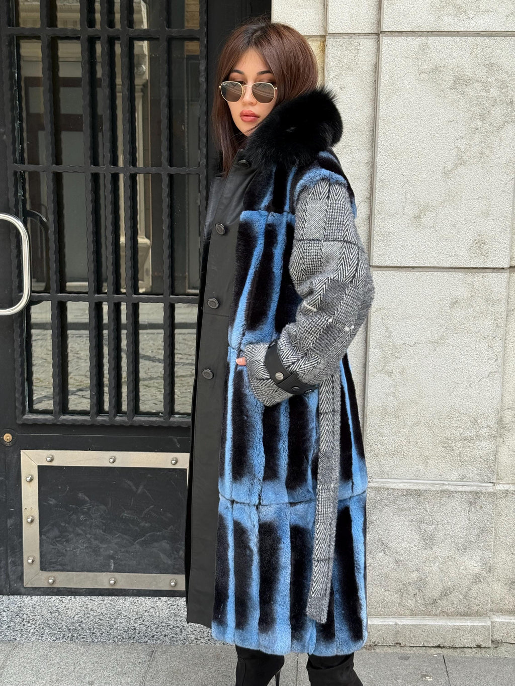 Luxury Handmade Rex Fur Patchwork Coat with Fox Fur Collar | Blue Black Women Long Winter Coat Handmade Wool Leather Details | Gift For Her