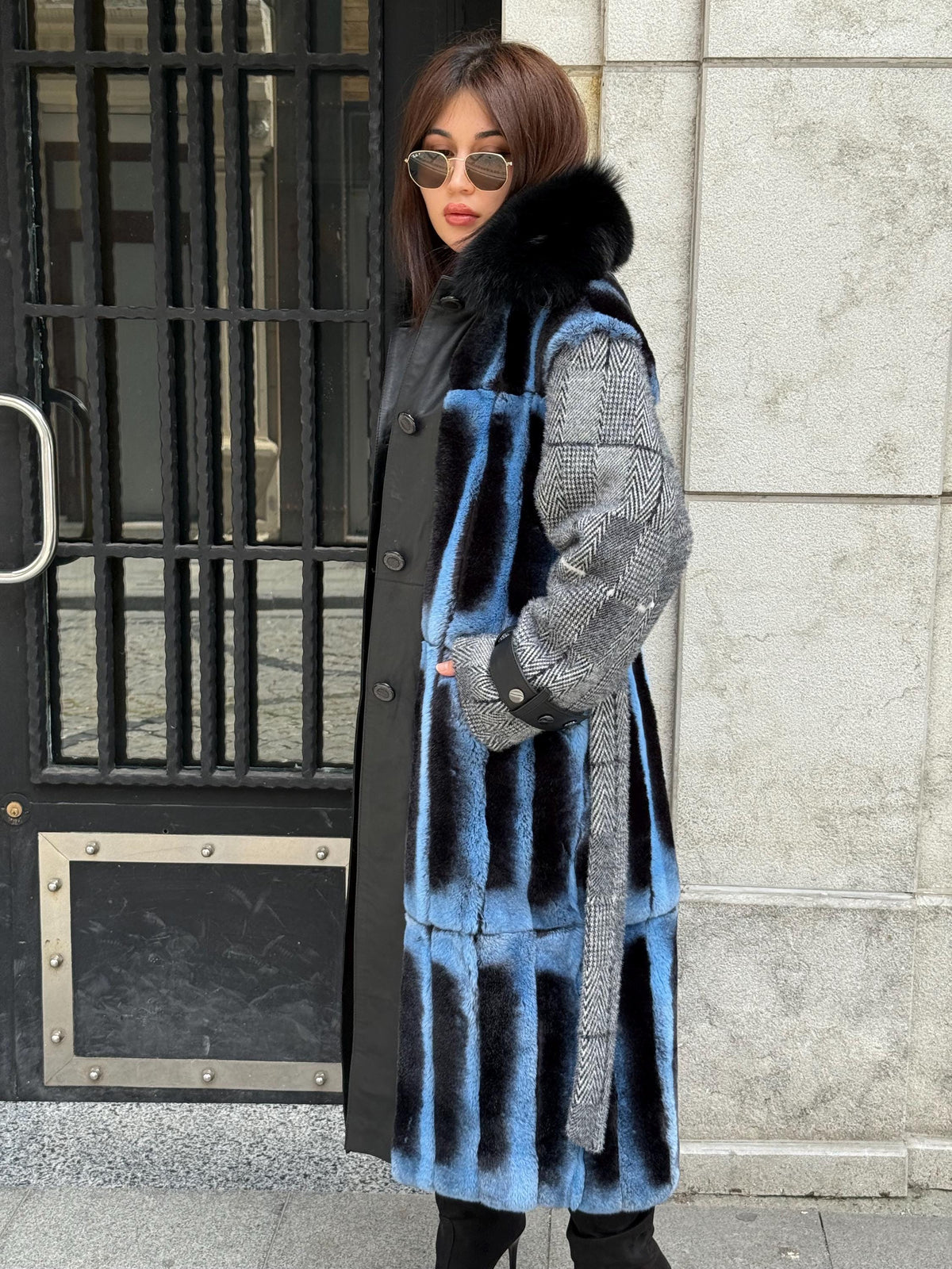 Luxury Handmade Rex Fur Patchwork Coat with Fox Fur Collar | Blue Black Women Long Winter Coat Handmade Wool Leather Details | Gift For Her