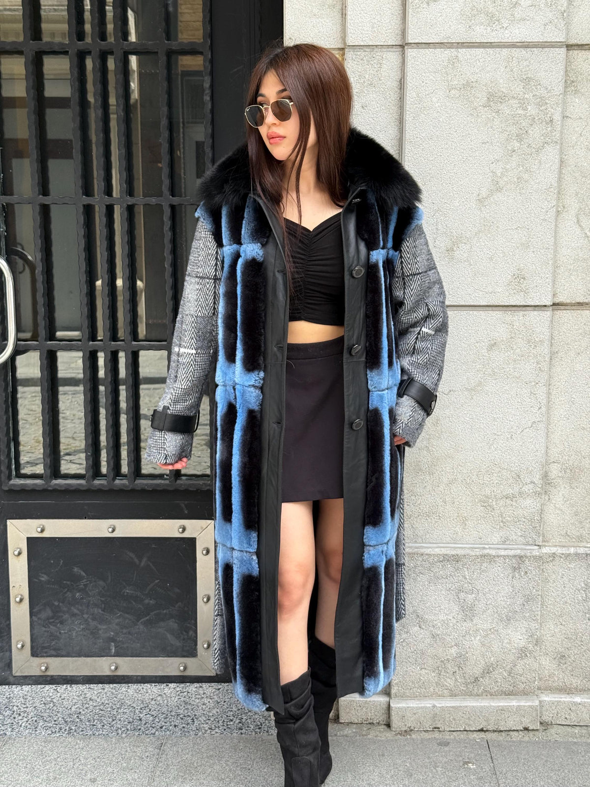 Luxury Handmade Rex Fur Patchwork Coat with Fox Fur Collar | Blue Black Women Long Winter Coat Handmade Wool Leather Details | Gift For Her