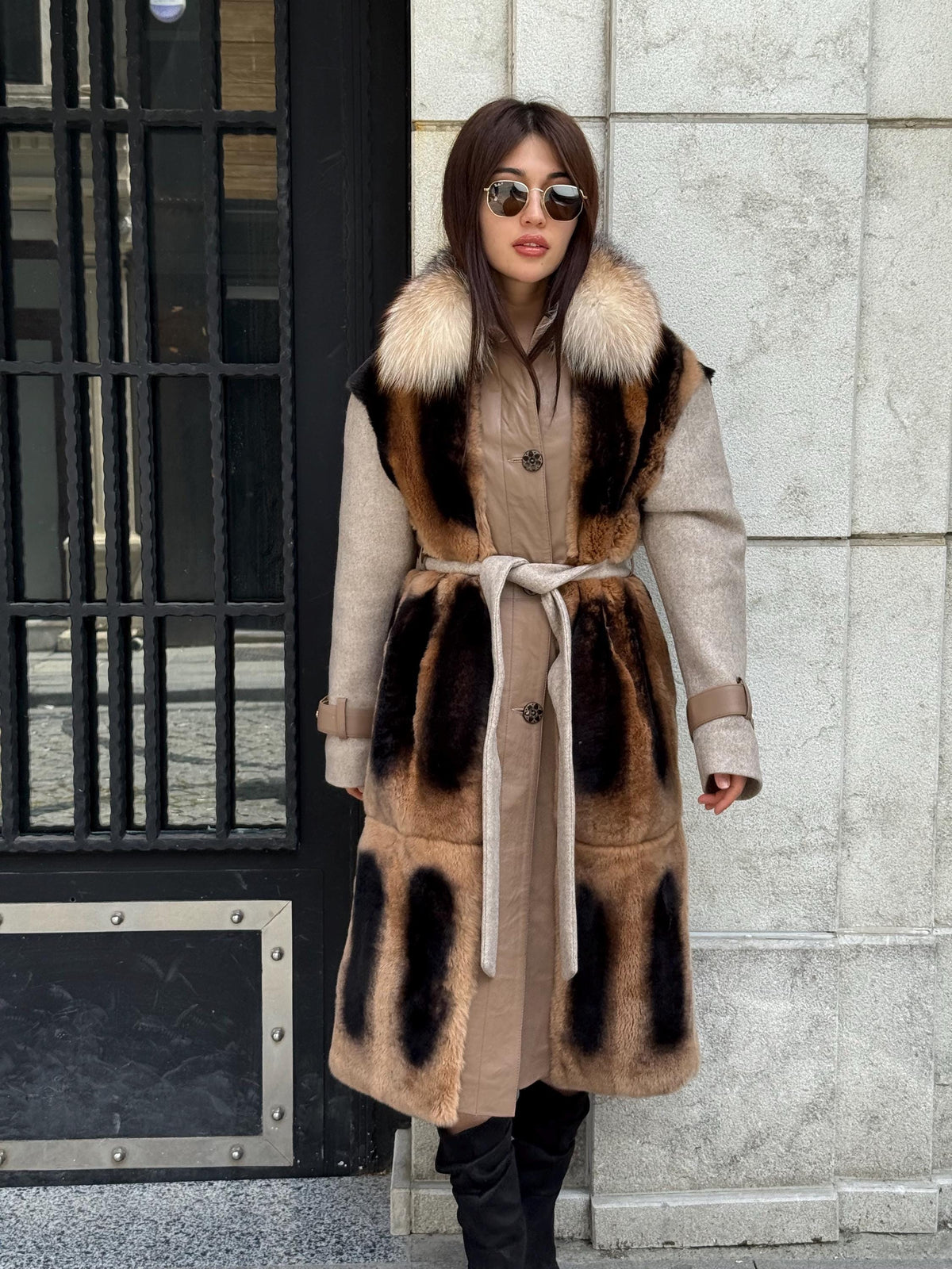 Beige Luxury Handmade Rex Fur Patchwork Coat with Fox Fur Collar | Beige Women Long Winter Coat Handmade Wool Leather Details | Gift For Her