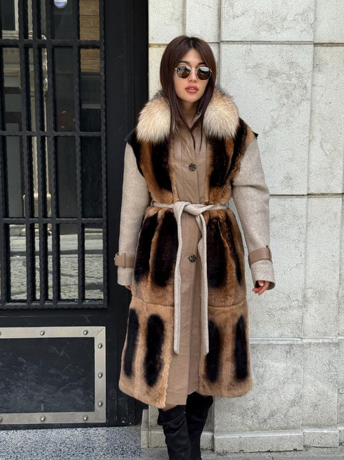 Beige Luxury Handmade Rex Fur Patchwork Coat with Fox Fur Collar | Beige Women Long Winter Coat Handmade Wool Leather Details | Gift For Her