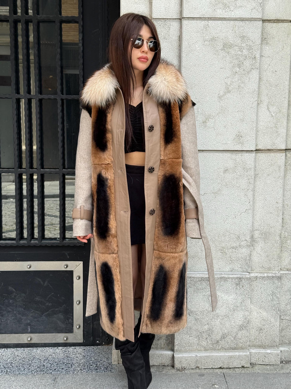 Beige Luxury Handmade Rex Fur Patchwork Coat with Fox Fur Collar | Beige Women Long Winter Coat Handmade Wool Leather Details | Gift For Her