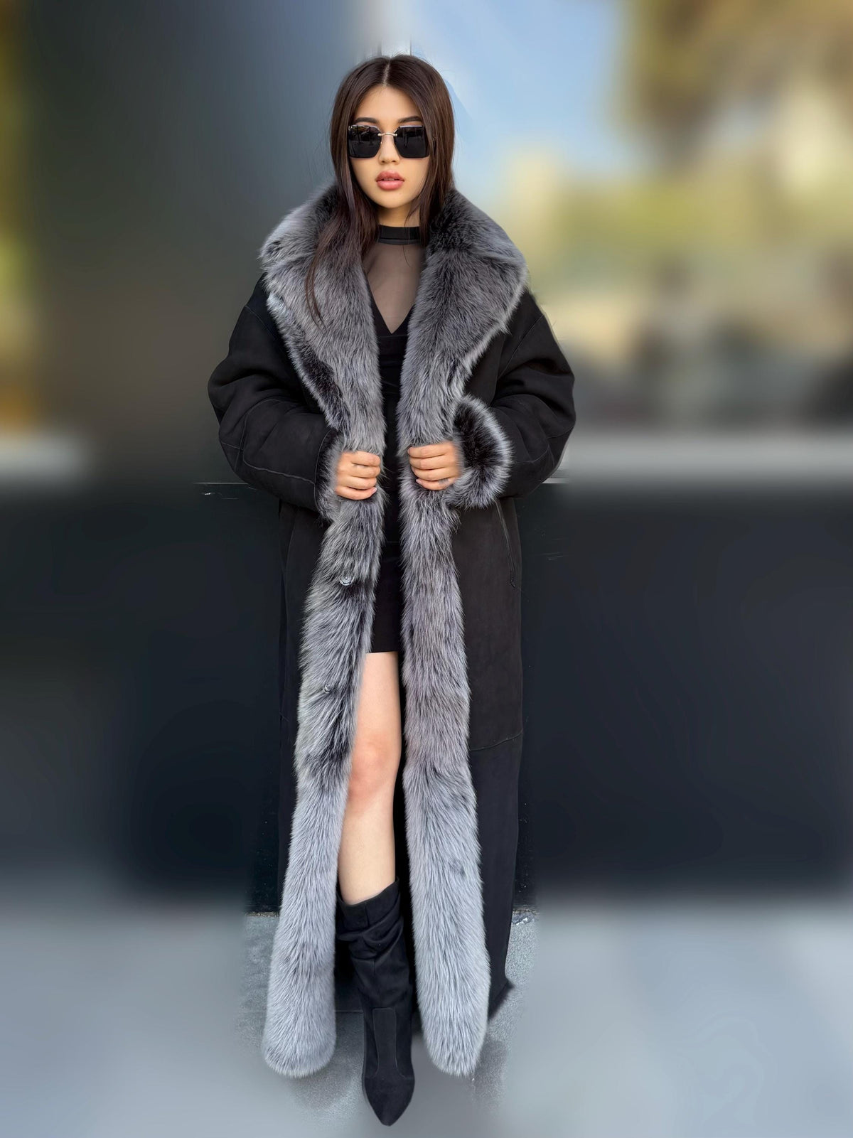 Black - Gray Long Shearling Coat, Women’s Handmade Reversible Shearling & Toscana Lamb Fur Jacket