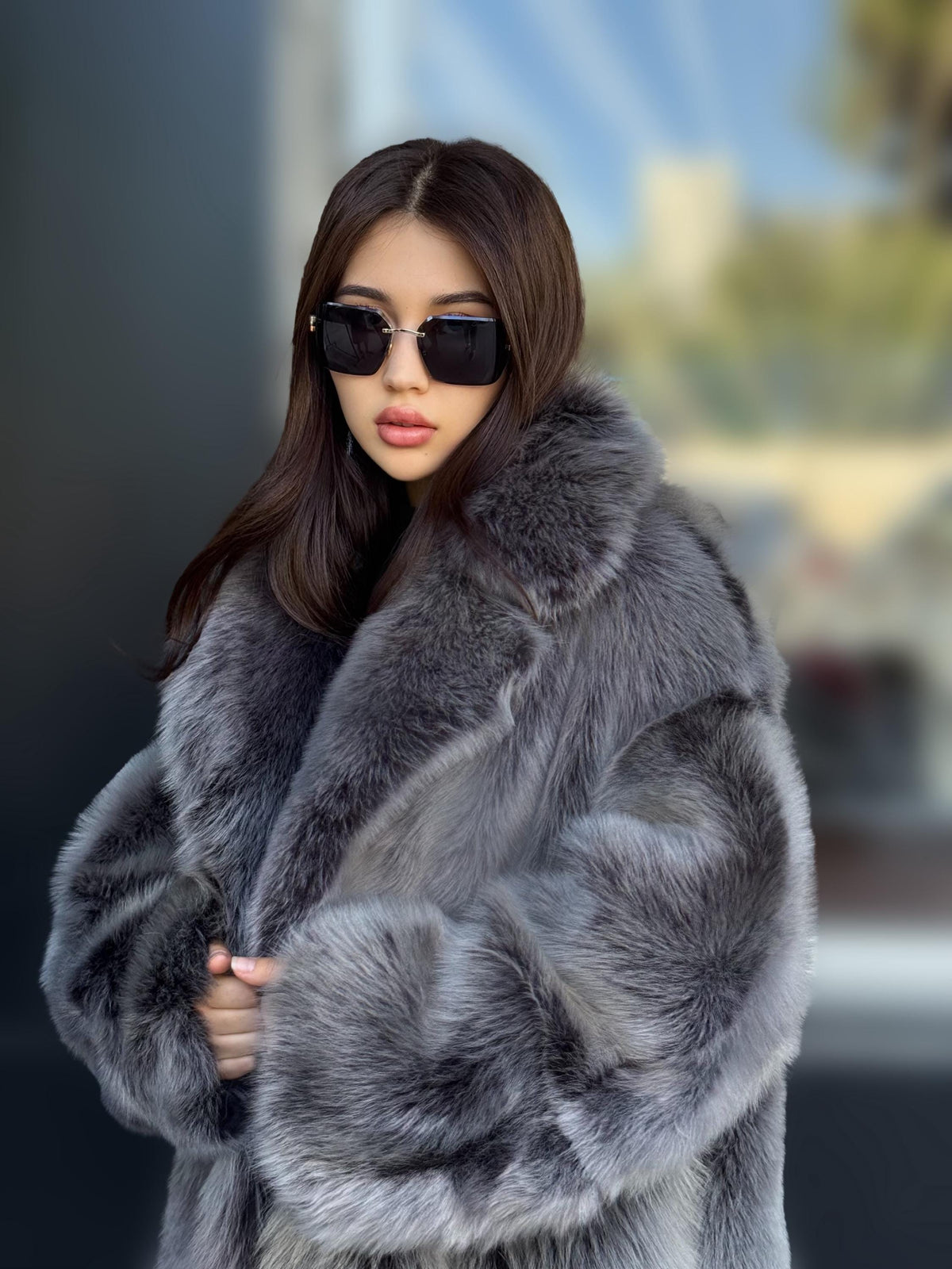 Black - Gray Long Shearling Coat, Women’s Handmade Reversible Shearling & Toscana Lamb Fur Jacket