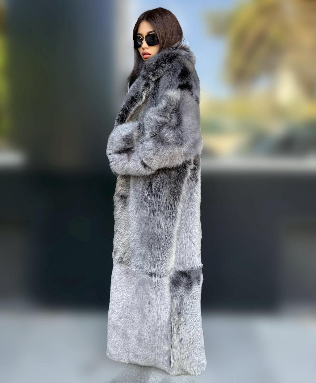 Black - Gray Long Shearling Coat, Women’s Handmade Reversible Shearling & Toscana Lamb Fur Jacket