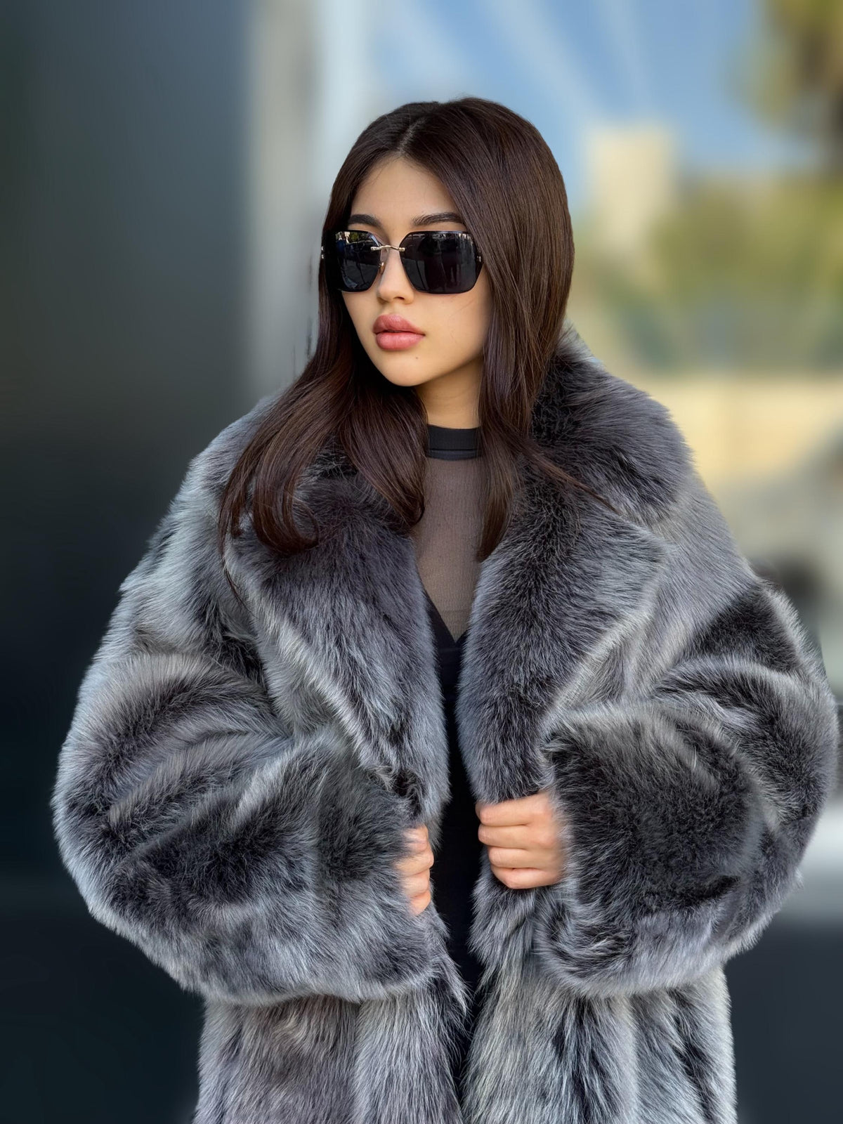 Black - Gray Long Shearling Coat, Women’s Handmade Reversible Shearling & Toscana Lamb Fur Jacket