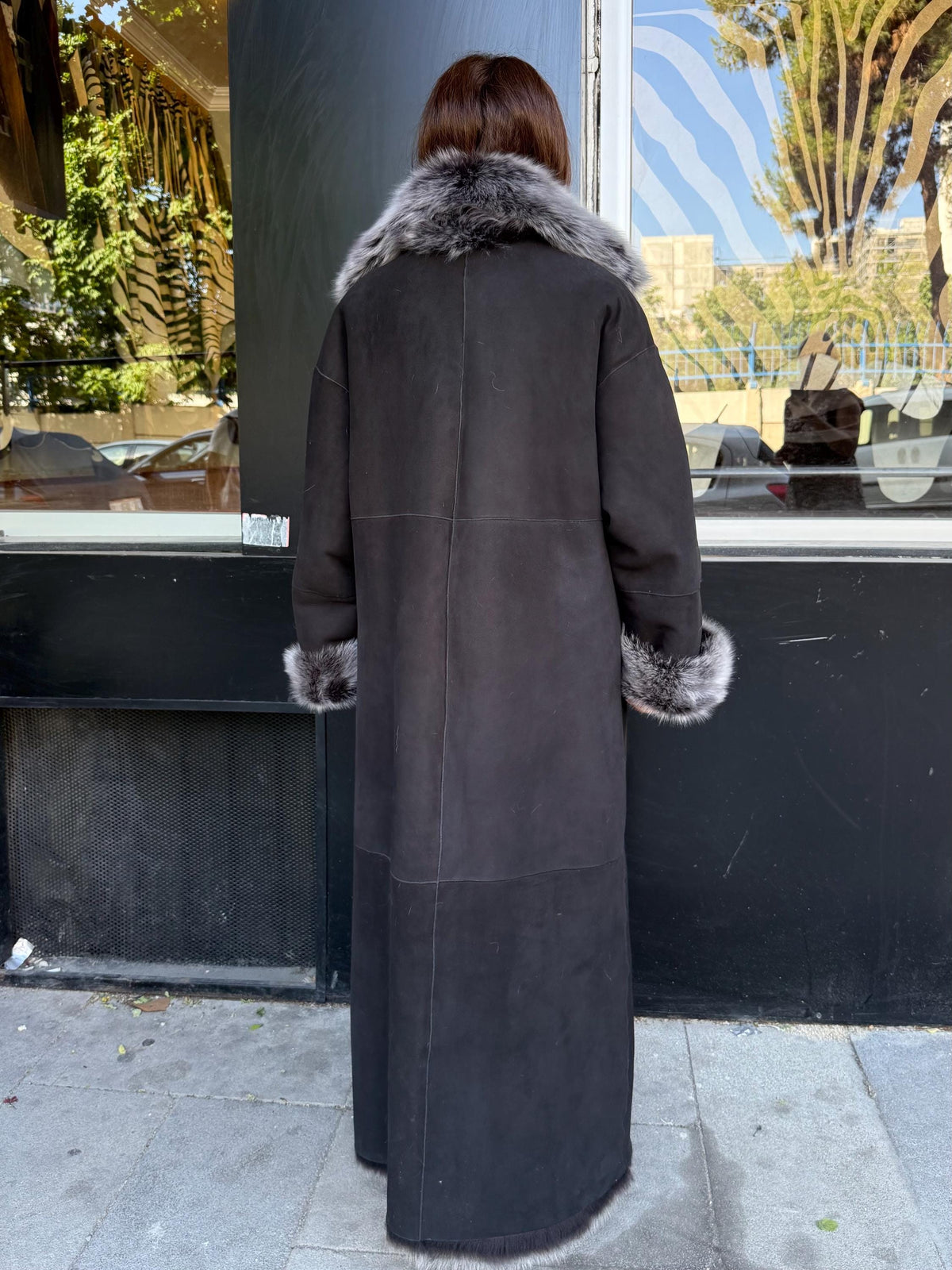 Black - Gray Long Shearling Coat, Women’s Handmade Reversible Shearling & Toscana Lamb Fur Jacket
