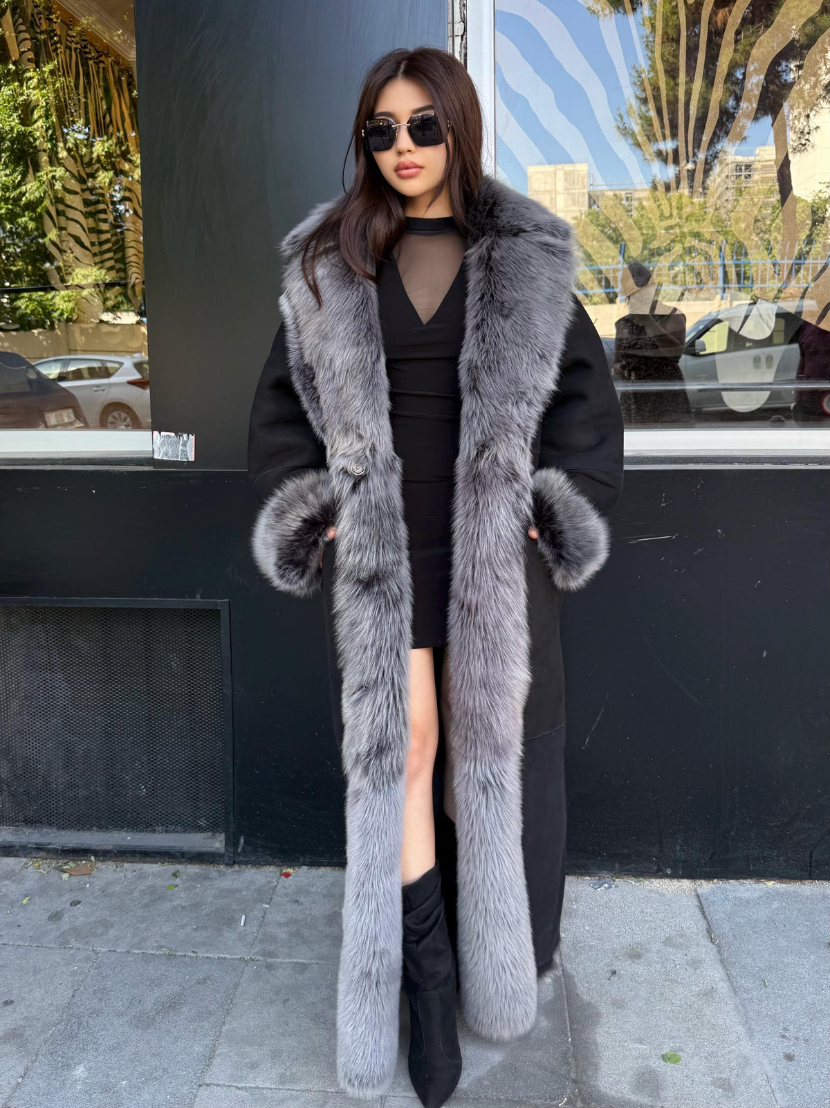 Black - Gray Long Shearling Coat, Women’s Handmade Reversible Shearling & Toscana Lamb Fur Jacket
