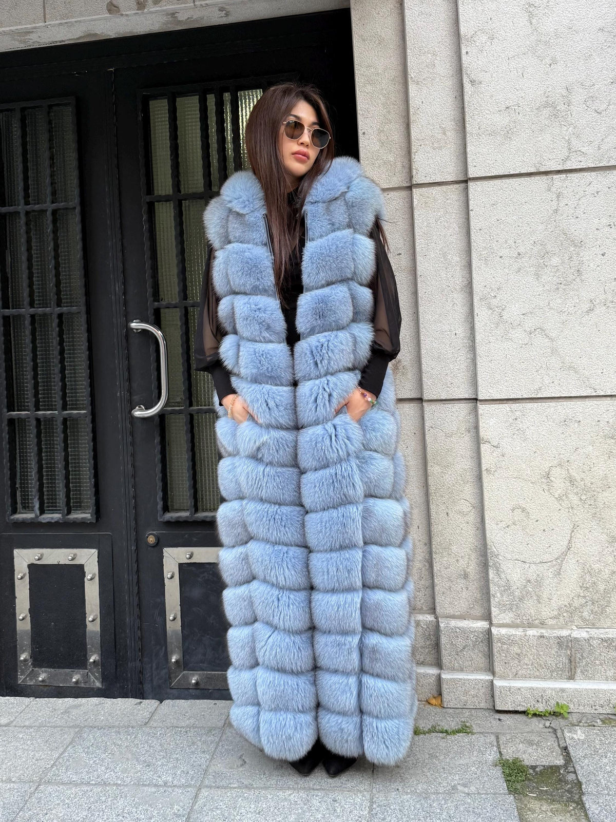 Blue Long Fox Fur Vest, Fox Fur Gilet, Beige Fox Fur Vest, Women Fox Fur Jacket, Long Fox Fur Jacket_- Fox Fur
