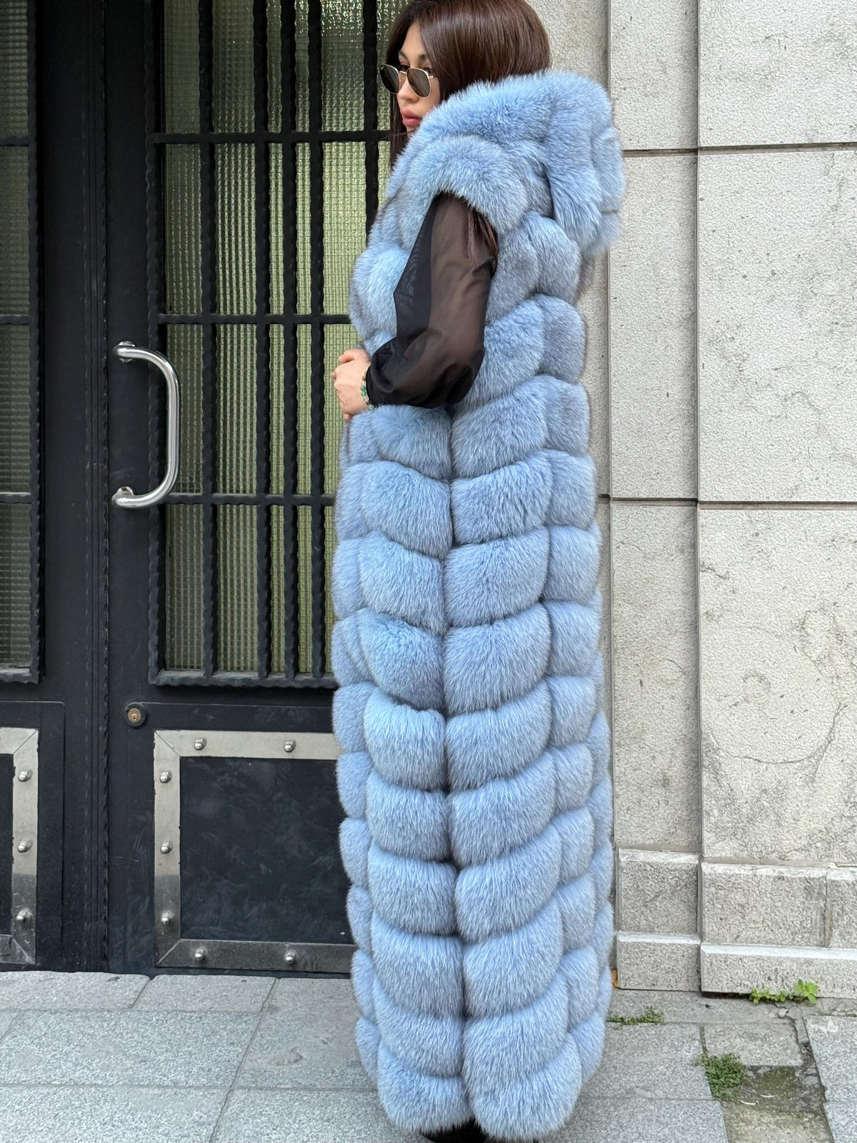 Blue Long Fox Fur Vest, Fox Fur Gilet, Beige Fox Fur Vest, Women Fox Fur Jacket, Long Fox Fur Jacket_- Fox Fur