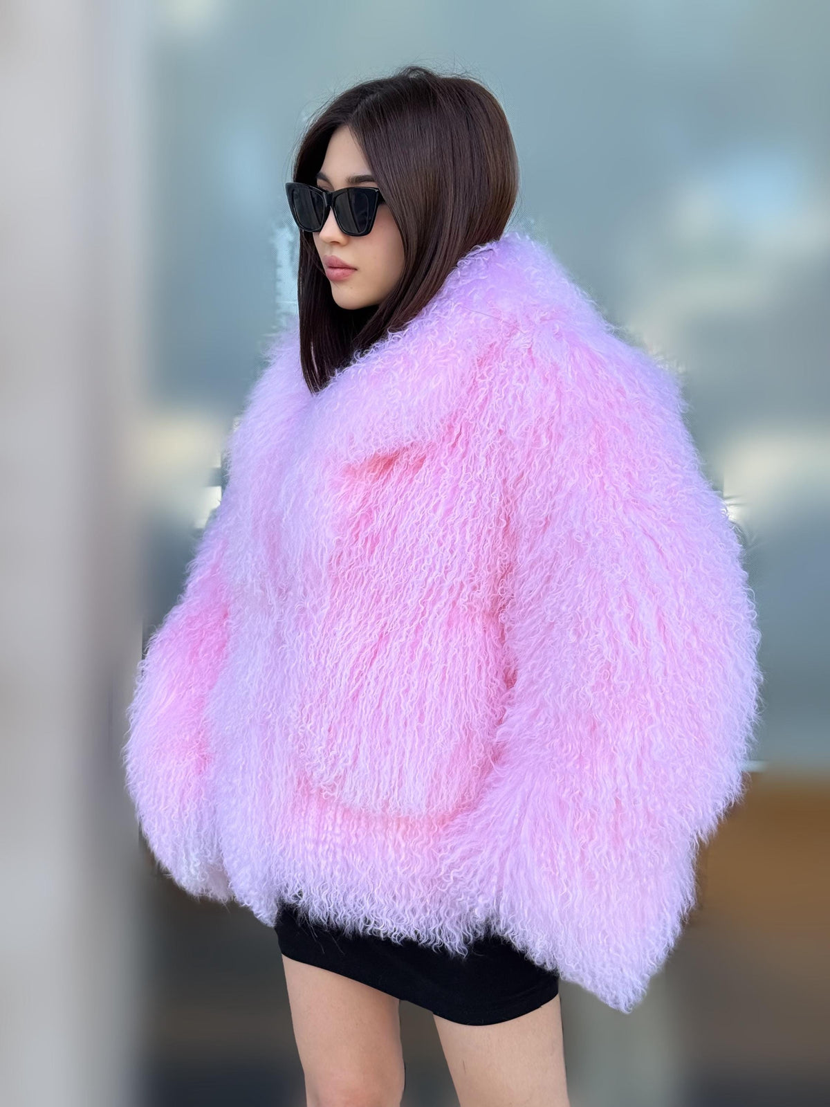 Luxury Pink Tibetan Fur Coat, Handmade Women Mongolian Shaggy Lamb Fur Jacket,