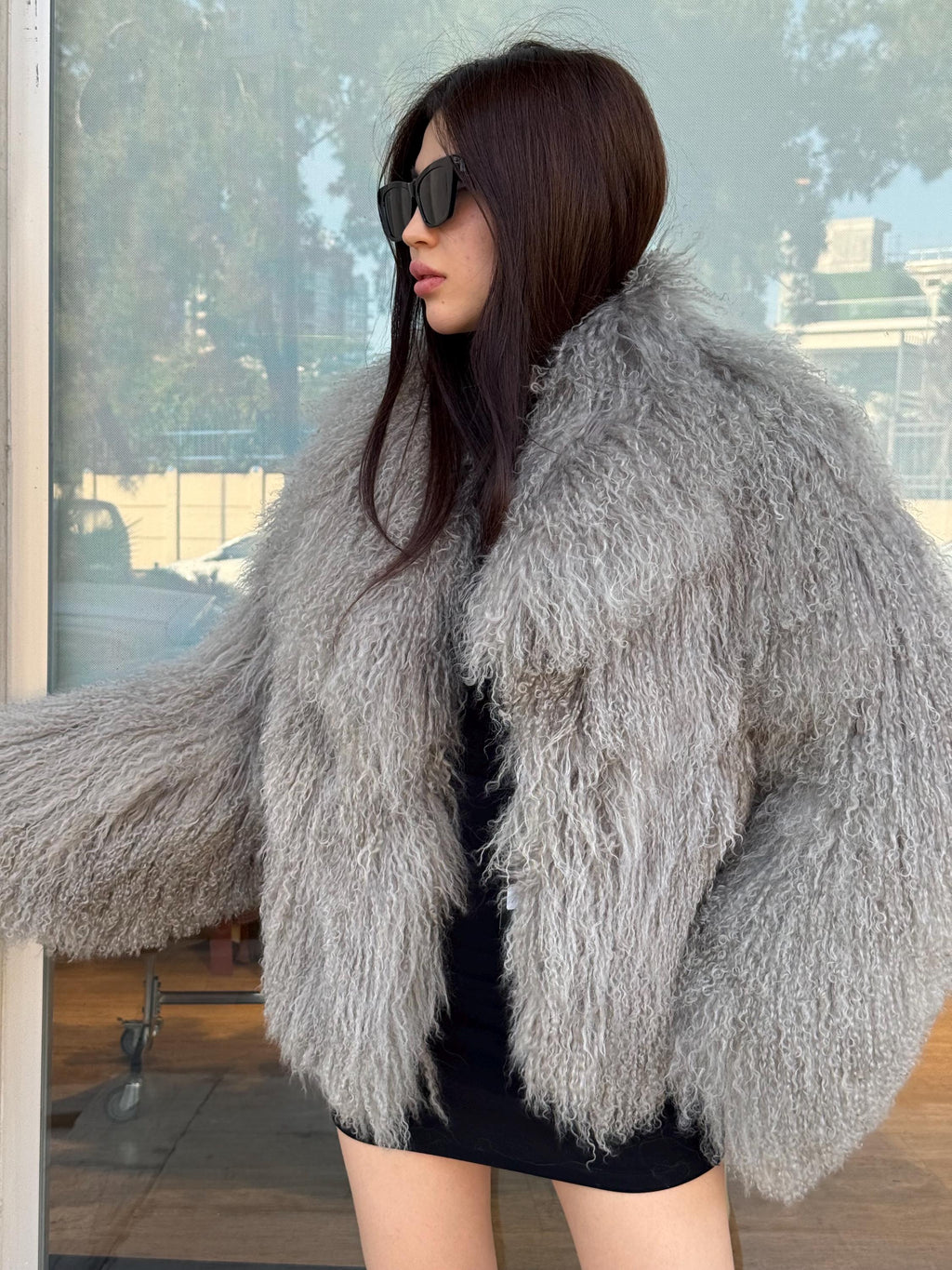 Women’s Gray Tibetan Fur Coat, Handmade Short Mongolian Shaggy Lamb Fur Jacket