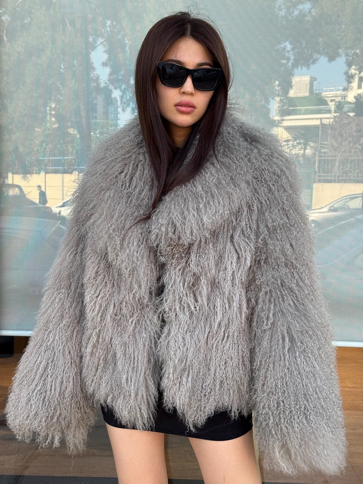 Women’s Gray Tibetan Fur Coat, Handmade Short Mongolian Shaggy Lamb Fur Jacket