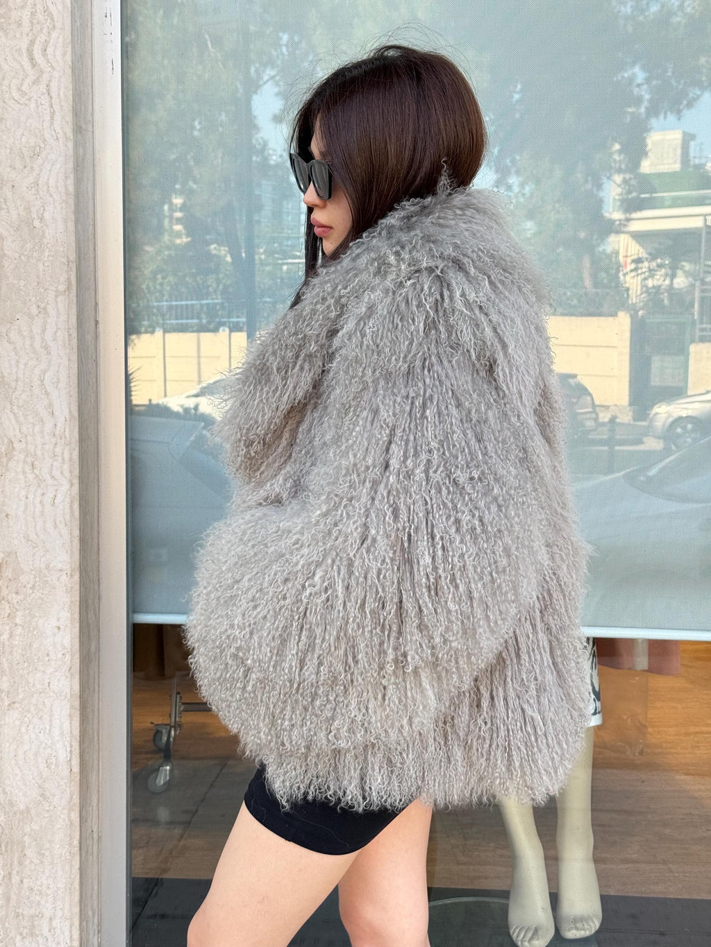 Women’s Gray Tibetan Fur Coat, Handmade Short Mongolian Shaggy Lamb Fur Jacket