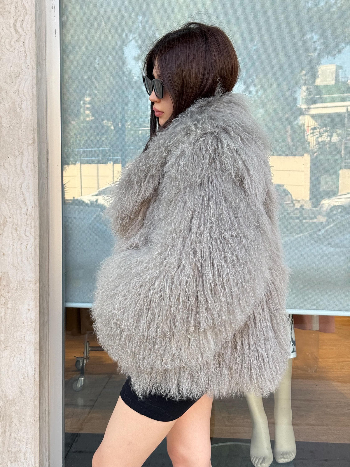 Women’s Gray Tibetan Fur Coat, Handmade Short Mongolian Shaggy Lamb Fur Jacket