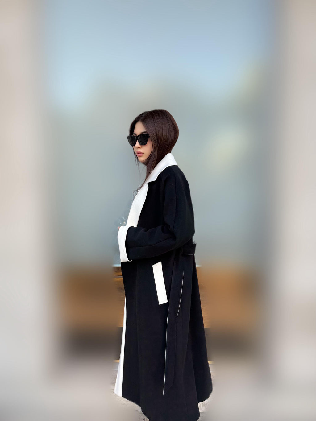 Black - White Long Cashmere Coat, Women’s Handmade Wool Design Jacket